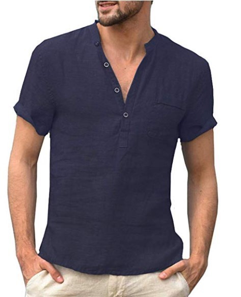 Casual Linen Solid Color Shirt Button V Neck Beach Shirt Men Summer Tops - Image 4