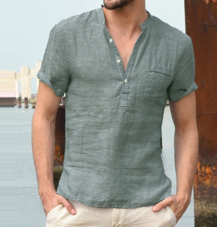 Casual Linen Solid Color Shirt Button V Neck Beach Shirt Men Summer Tops - Image 6