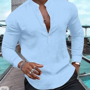 Men's Shirt Casual Long Sleeve Solid Color Cotton Linen Henley Top