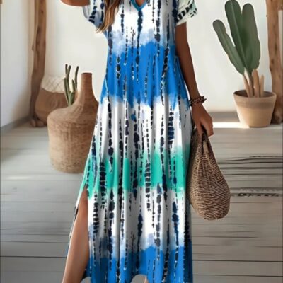 Vibrant Asymmetrical V-Neck Tie Dye Dress - Elegant, Semi-Sheer,  Customized Pendulum Style For Women - Perfect For Spring And Summer Seasons