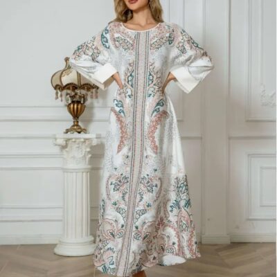 Elegant Floral Print Long Sleeve Abaya Dress