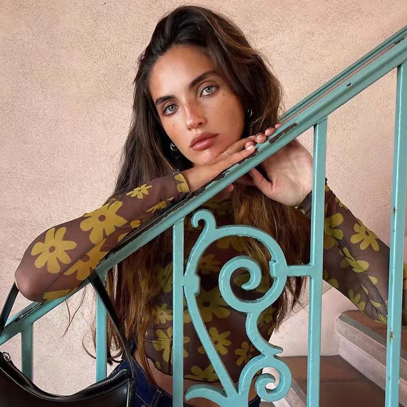 Women's Fashion Round Neck Slim-fitting Patchwork Printed Long Sleeve - Image 4