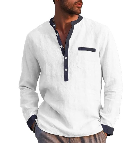 Men's Long Sleeved Henry Shirts Cotton Linen Shirts Regular Men's Shirts - Image 2