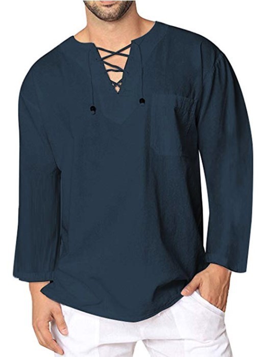 Eyelet Tie Cotton Linen Men's Shirt - Image 2