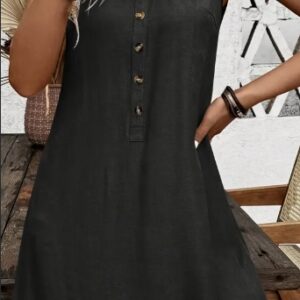 Elegant Women's Round Neck Button-Up Dress - Sleeveless, Solid Color, Short Length, Elegant Special Project Style, Conventional Version, Xia