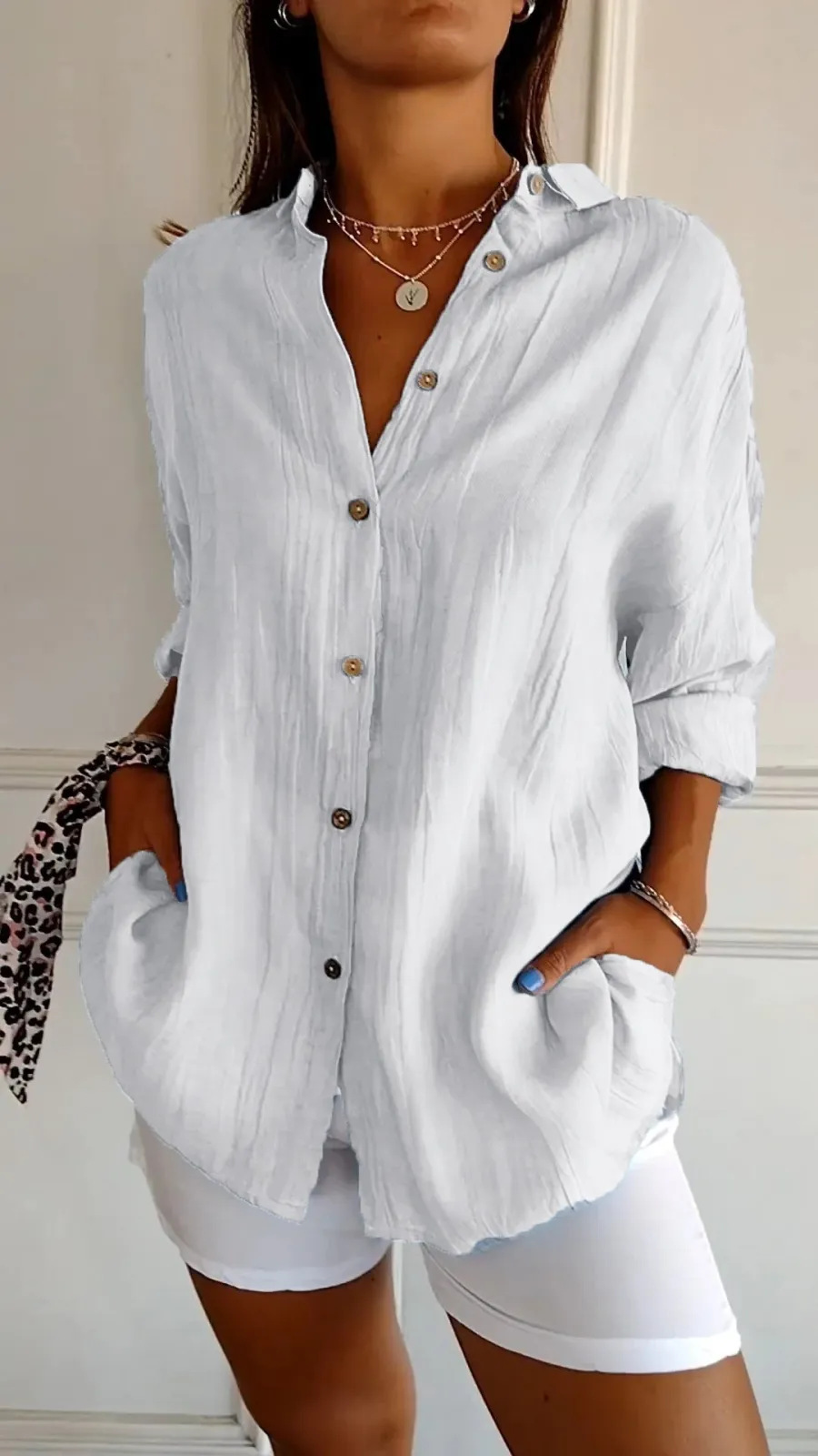 Lapel Long Sleeve Shirt Women's Single-breasted Pleated Shirt - Image 8