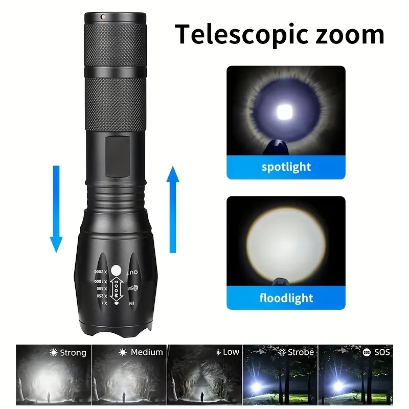 High Power LED Tactical Flashlight 5-Mode Light Zoom Waterproof Portable Torch For Camping Hiking Outdoor Hunting Aluminum Alloy Bright Tactical Flashlight LED 5 Modes Zoomable Searchlight Handheld - Image 2
