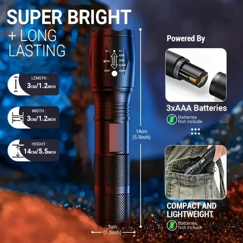 High Power LED Tactical Flashlight 5-Mode Light Zoom Waterproof Portable Torch For Camping Hiking Outdoor Hunting Aluminum Alloy Bright Tactical Flashlight LED 5 Modes Zoomable Searchlight Handheld - Image 4