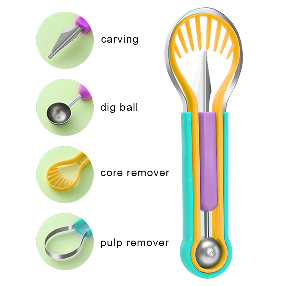 Professional 4 In 1 Stainless Steel Watermelon Cutter Fruit Carving Tools Set,Fruit Scooper Seed Remover Watermelon Knife For Dig Pulp Separator Fruit Slicer, Melon Baller Scoop Set - Image 2