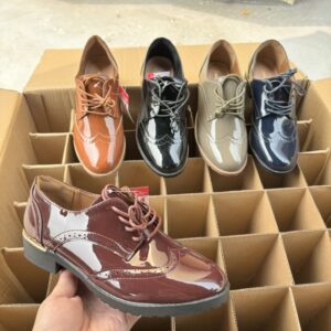 Women's Simple British Style Drawstring Patchwork Glossy Leather Shoes