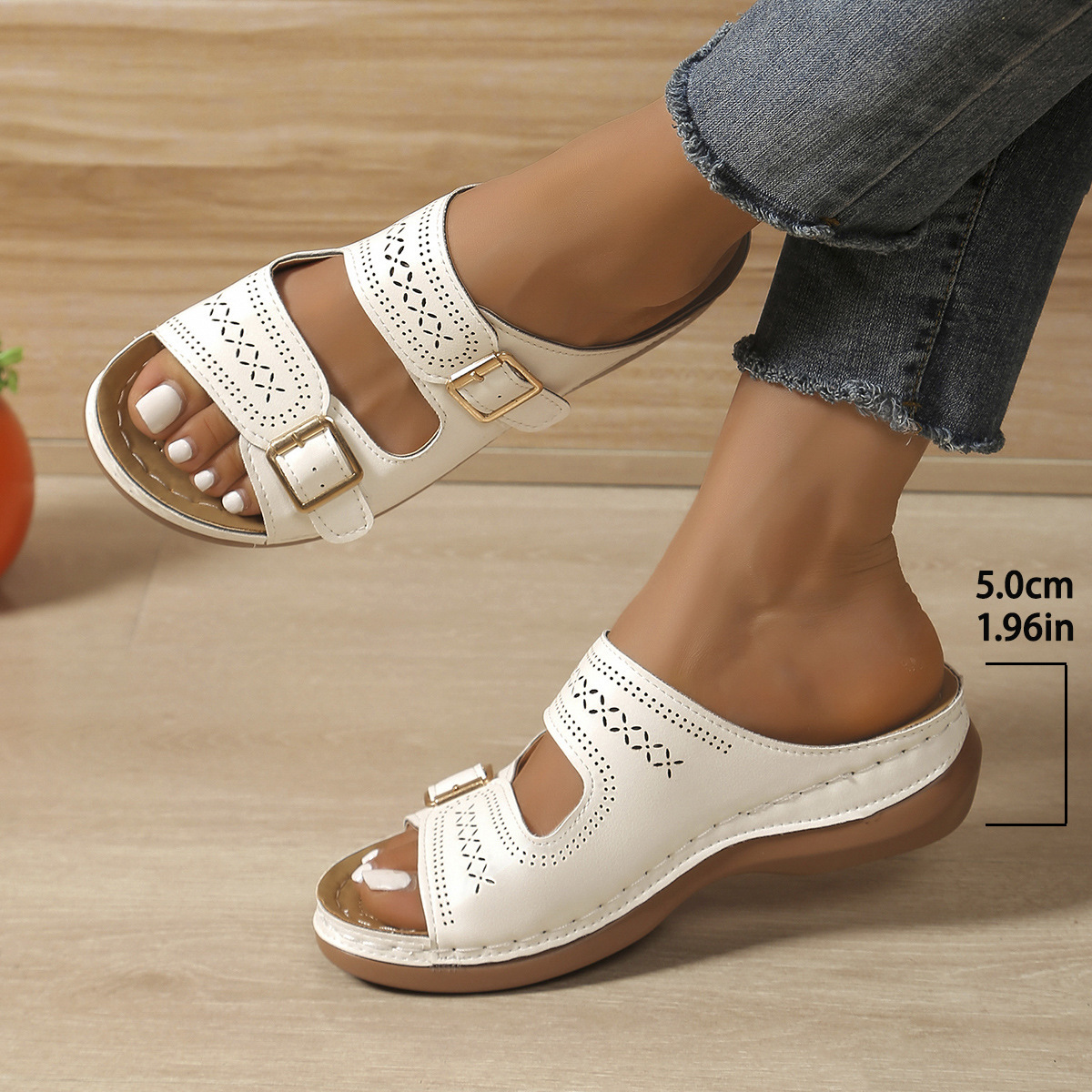 Women's Carved Belt Buckle Platform Wedge Lightweight Sandals - Image 5