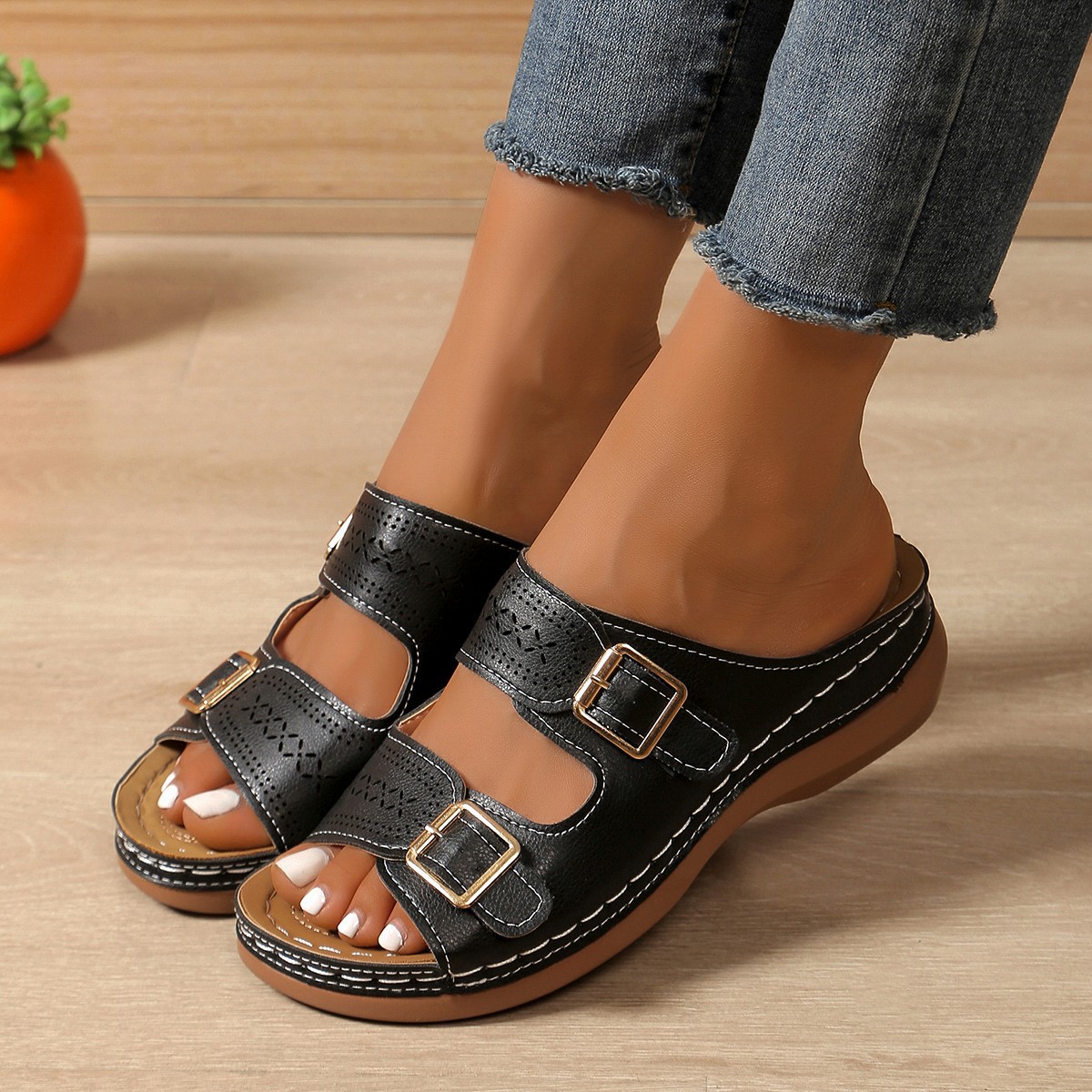Women's Carved Belt Buckle Platform Wedge Lightweight Sandals - Image 2