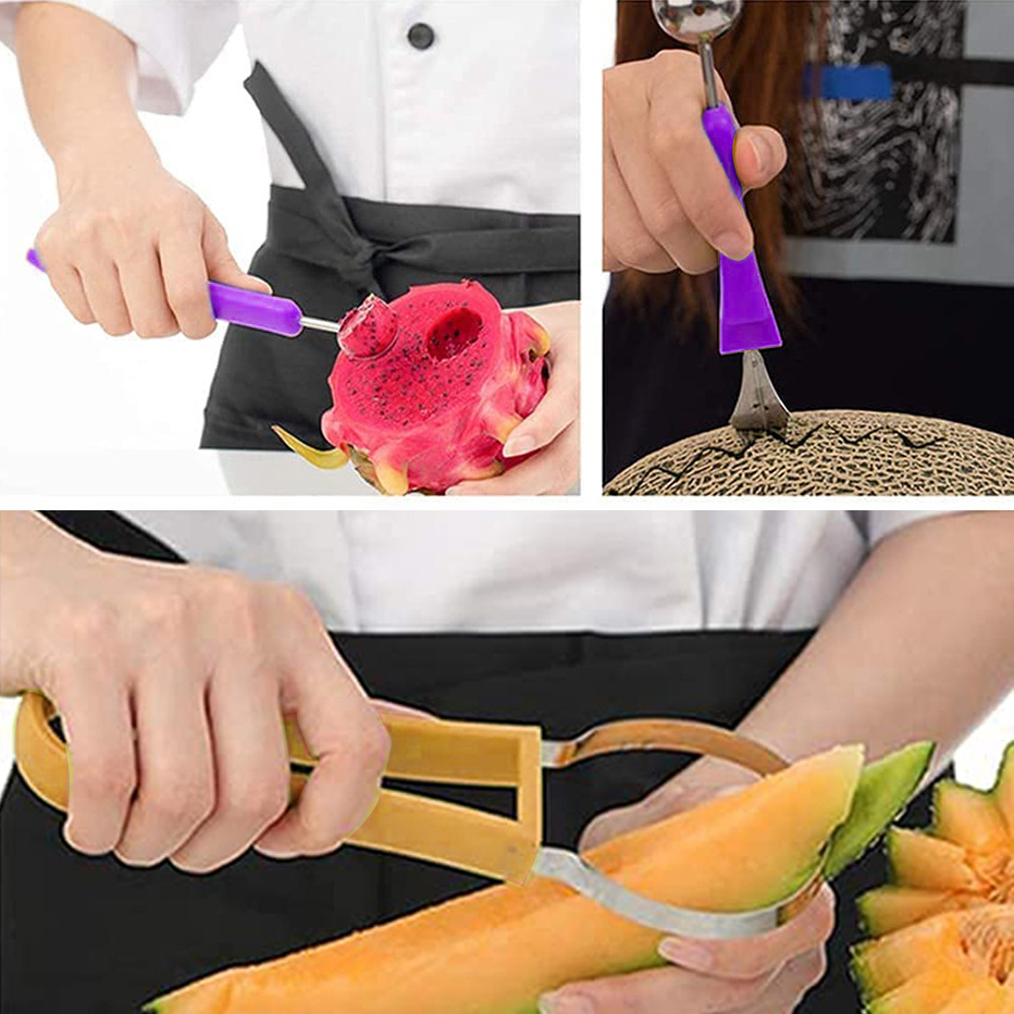 Professional 4 In 1 Stainless Steel Watermelon Cutter Fruit Carving Tools Set,Fruit Scooper Seed Remover Watermelon Knife For Dig Pulp Separator Fruit Slicer, Melon Baller Scoop Set - Image 4