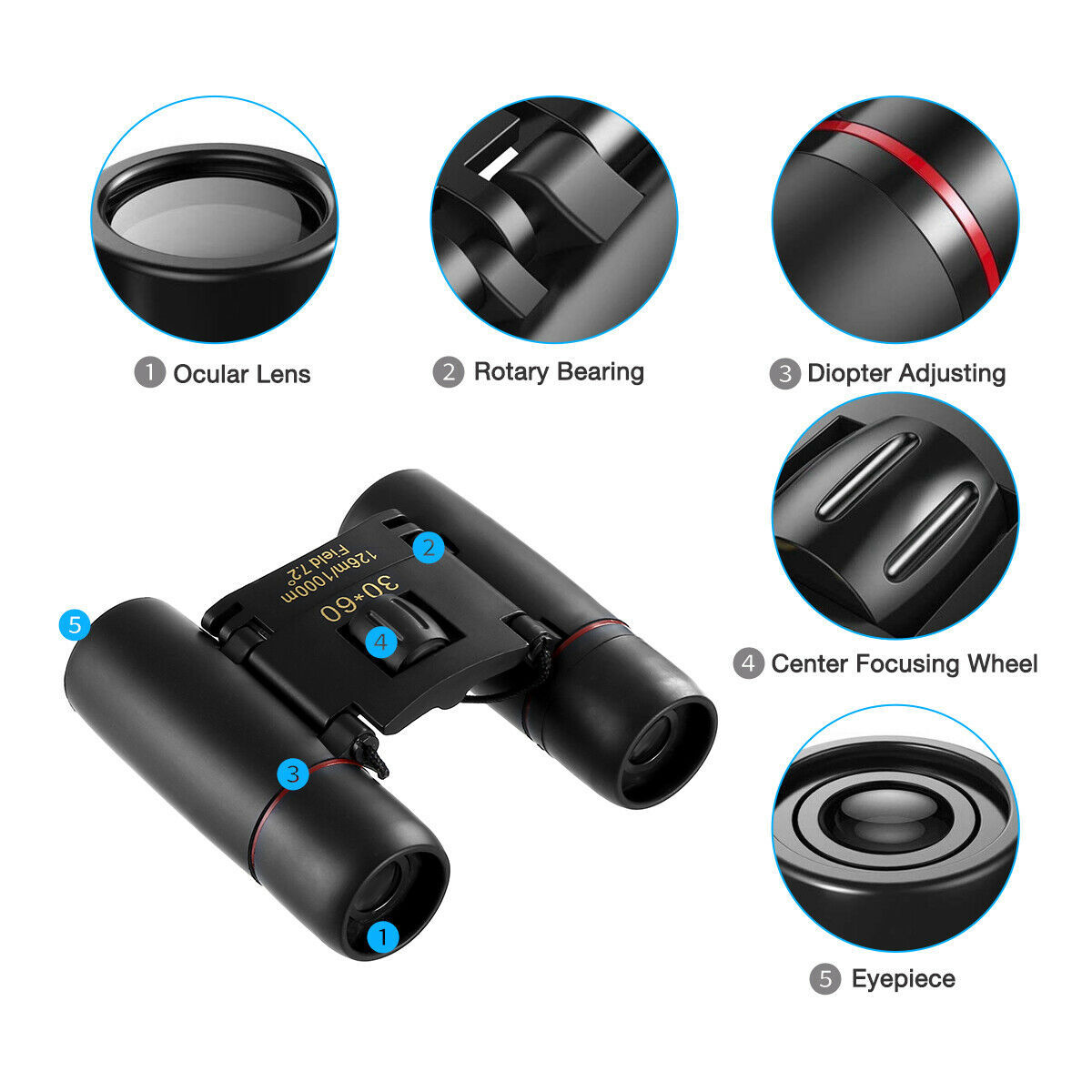 Binoculars 30x60 Zoom Travel Compact Folding Telescope Hunting Day Night Outdoor Small Pocket Binoculars Compact Adults, Mini Kids Binoculars Boys For Bird Watching, Concert Theater Opera - Image 4
