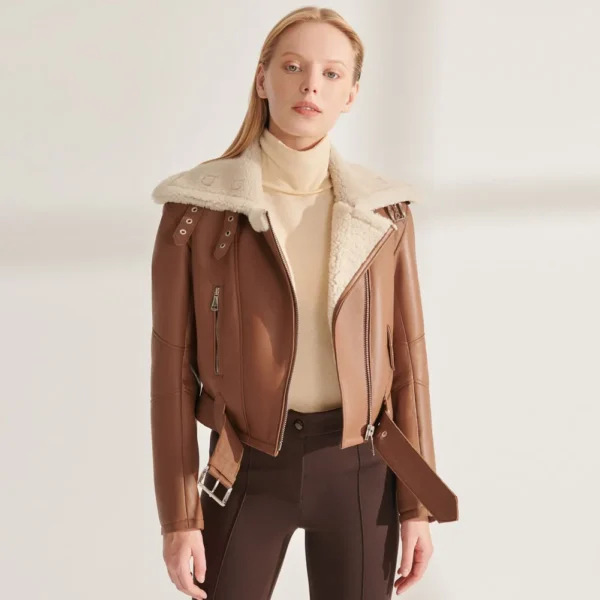 Denny&Dora Brown Womens Shearling Jacket Warmest Winter Coats Natural Sheepskin Coat