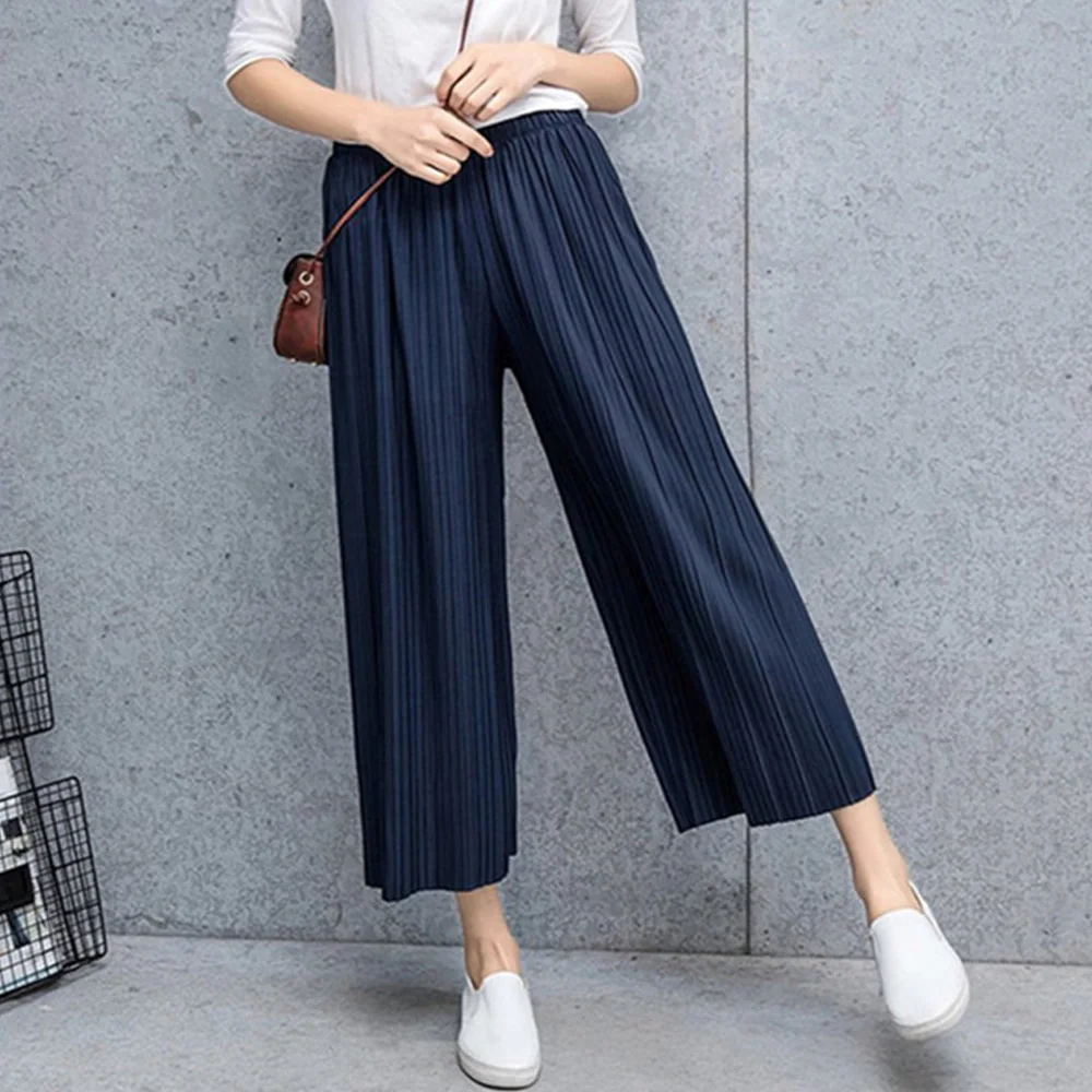 Female Fold Pleated Pants Summer Spring Black Casual Loose Elastic Waist High Pleated Wide Leg Women Chiffon Loose Pants - Image 4