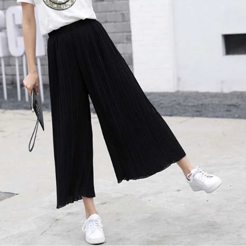 Female Fold Pleated Pants Summer Spring Black Casual Loose Elastic Waist High Pleated Wide Leg Women Chiffon Loose Pants - Image 2