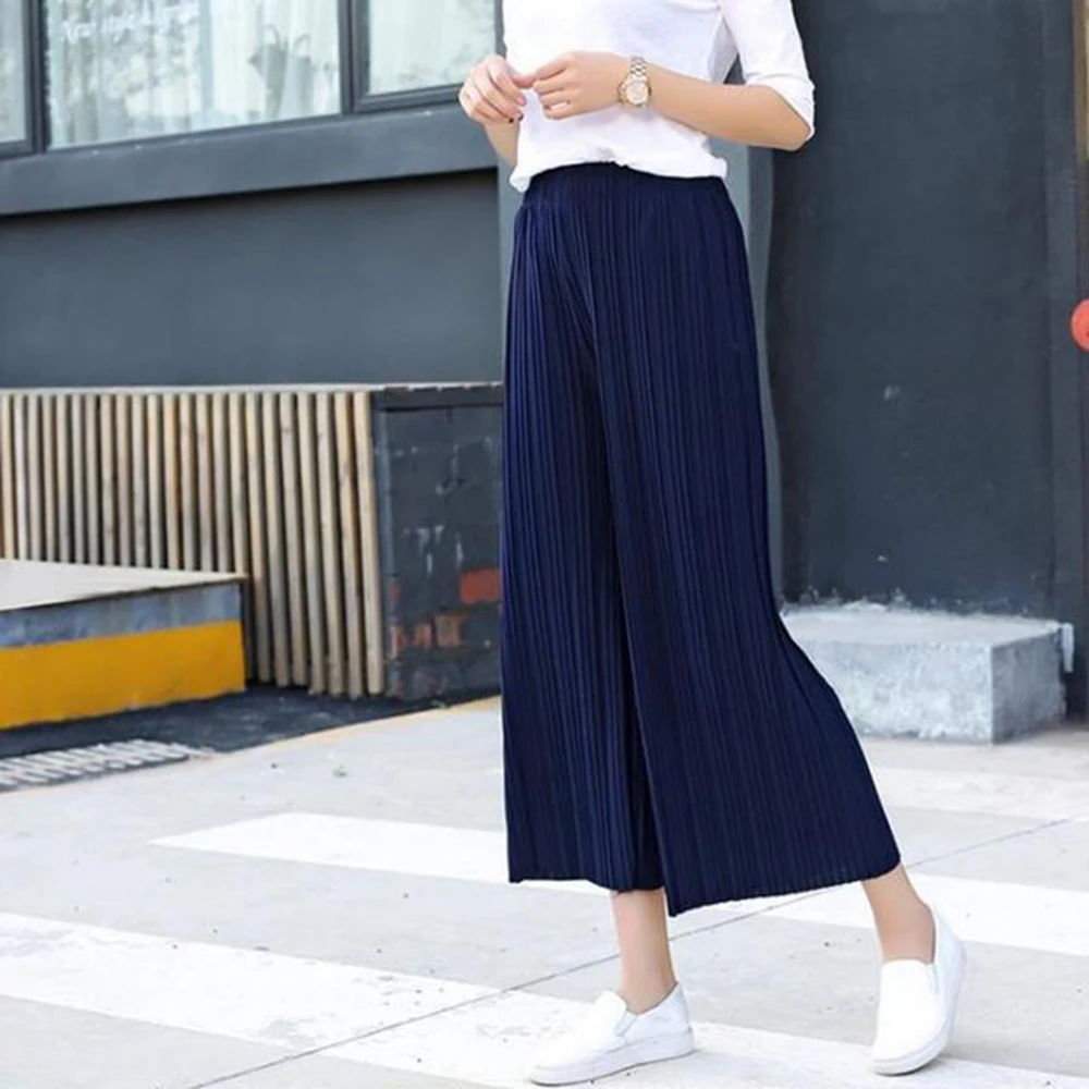 Female Fold Pleated Pants Summer Spring Black Casual Loose Elastic Waist High Pleated Wide Leg Women Chiffon Loose Pants - Image 3