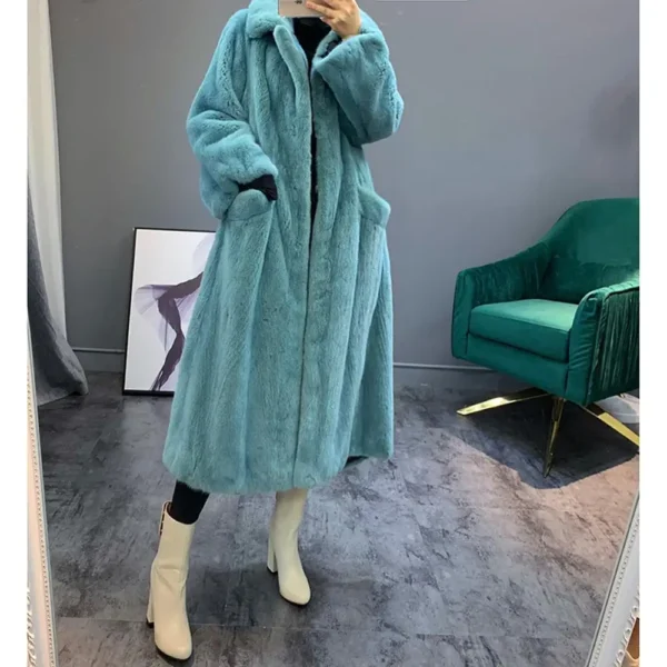 Women's New Real Mink Fur Coat Women's Winter Long Warm Jacket Women's Small Turndown Collar Blue Mink Fur Coat