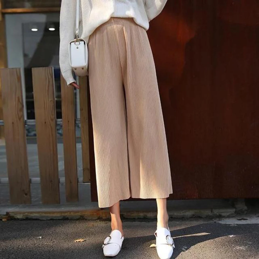 Female Fold Pleated Pants Summer Spring Black Casual Loose Elastic Waist High Pleated Wide Leg Women Chiffon Loose Pants - Image 5