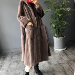 Denny&Dora New Women's Mink Fur Coat Women's Long Hooded Mink Fur Coat Women's Plus Size Warm Fur Jacket