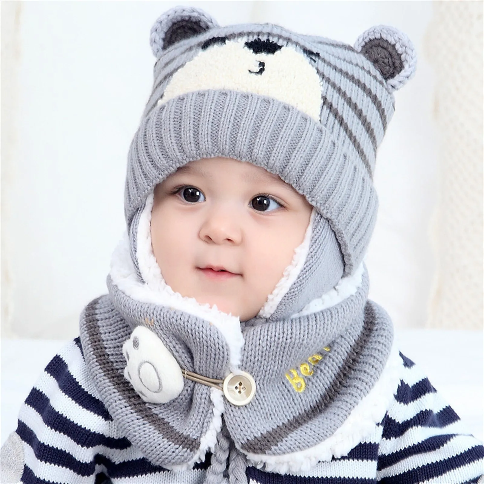 Hat And Mitten Set Girls Baby Boy Girl Winter Hat Toddler Bear Ear Cap Hat With Scarf Fleece Lined Knitted Kid Apparel - Image 4