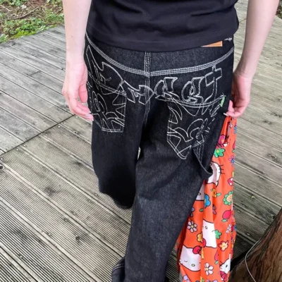 Y2k Embroidered Black Wide Leg Jeans Women American Retro Casual Loose Denim Pants Streetwear 2025 New High Waist Baggy Trousers