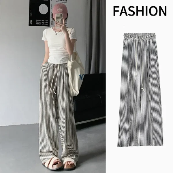 Womens Long Striped Pants New Straight Wide Leg Spring Summer Loose Long Sports Pants Female Suitable Trousers For Female