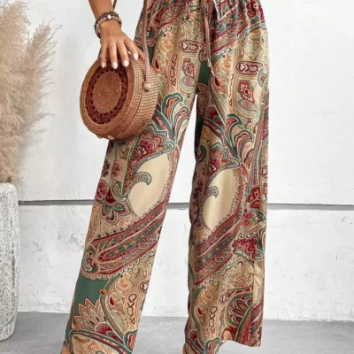 Fashion Vintage Print Wide-leg Pants Women Casual High-waisted Trouser 2024 Spring Summer Office Lady Clothes Streetwear