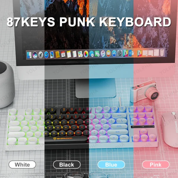 Computer Wired keyboards 87keys Punk Keycap Quiet Typing Backlit RGB Office Multimedia Gaming Keyboard for Windows Laptop PC Mac