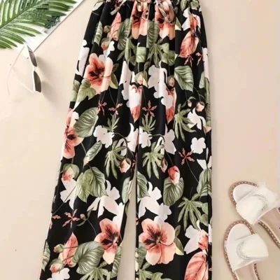 2024 Floral Pants Spring and Summer Thin High Waist Slim Ice Silk Stretch Floral straight-leg Women's Pants
