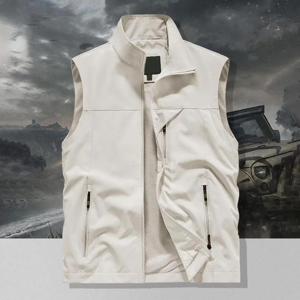 Men Waistcoat Stand Collar Sleeveless Zipper Closure Vest Coat Large Pockets Solid Color Outdoor Fishing Waistcoat Sports Vests