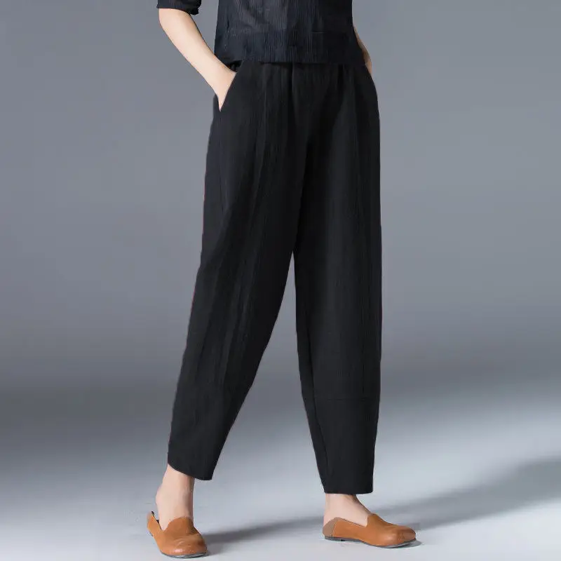 Cotton Wide Leg Pants Female Loose Oversized Solid Color Harem Summer Casual Elastic Waist Ankle-length Pants Women Clothing - Image 2
