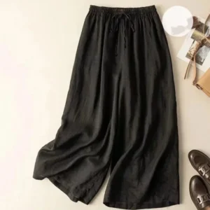 Black Cotton Linen Casual Elastic High Waist Loose Women's Pants Korean Fashion Wide Leg Ankle-Length Pants For Women 2025