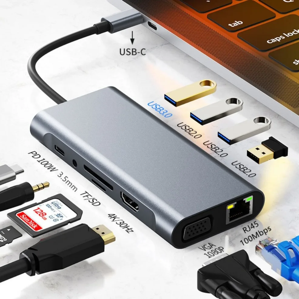 11-In-1 USB C HUB Docking Station 4K Type C to HDMI HUB Adapter USB-C to VGA RJ45 PD 100W USB Hub For PC Computer Accessories - Image 3