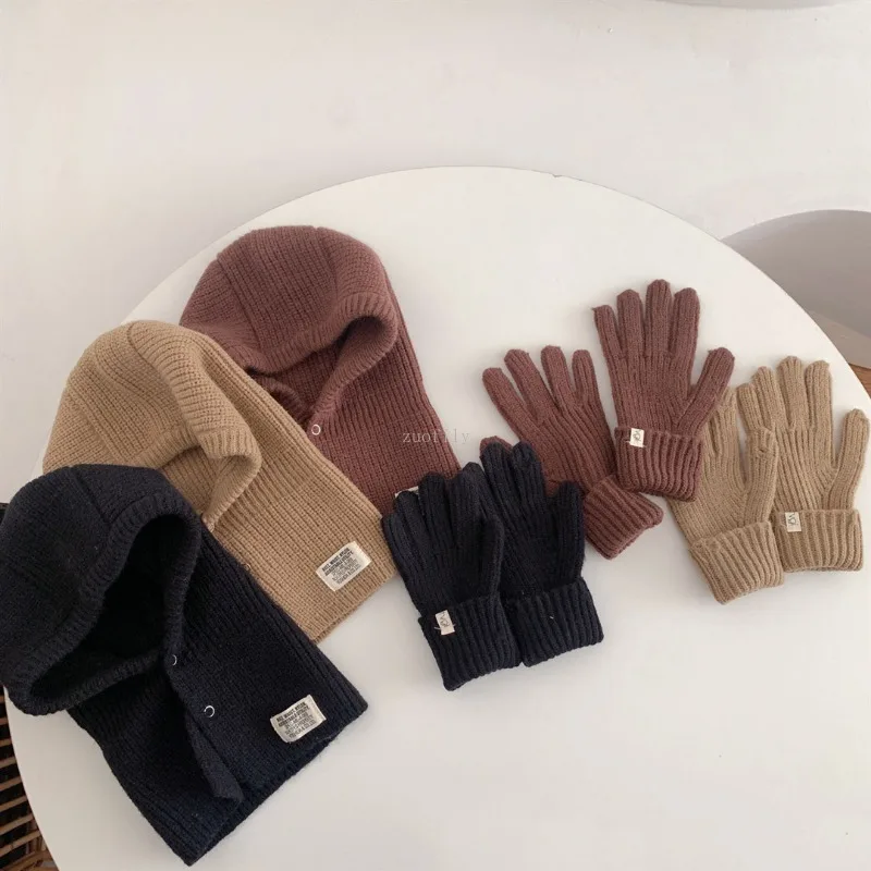 2PCS Korean Baby Hood Beanies with Mittens One Piece Scarf Cap Winter Warm Knitted Ear Protection Balaclava Headgear Gloves Sets - Image 6
