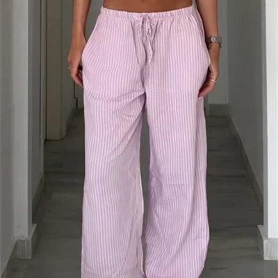 Cuteandpsycho Streetwear Striped Print Loose Trousers Lace-up Joggers Fashion Y2K Baggy Pants Basic Aesthetic 90s Cute Bottoms