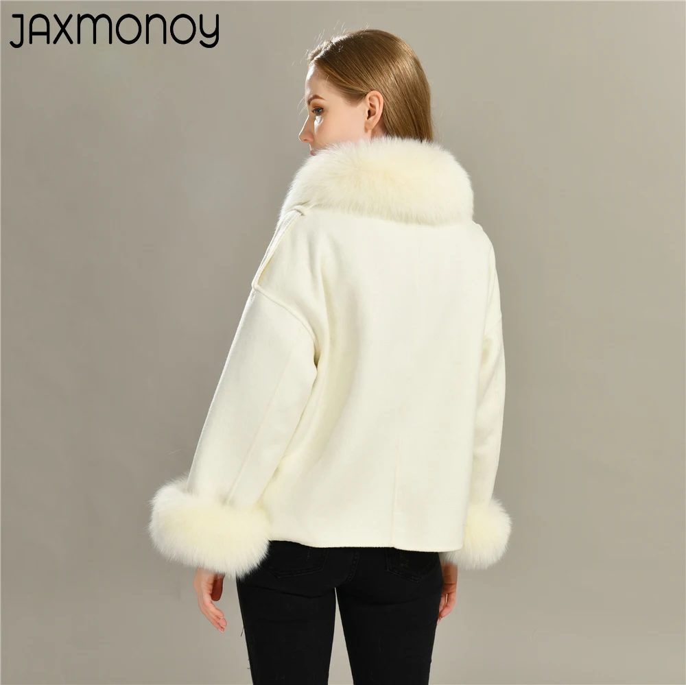 Jaxmonoy Women's Wool Coat with Real Fox Fur Collar Cuffs Ladies Cashmere Wool blend Jacket Spring Fall Double Face Wool Coats - Image 4
