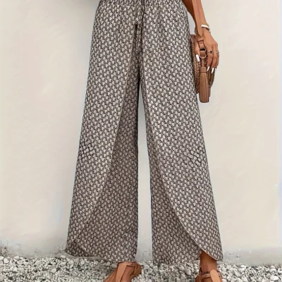 Spring Summer Women Elegant Wide Legs Pants Casual Vacation Beach Print Trousers Office Lady Loose High Waist Pants