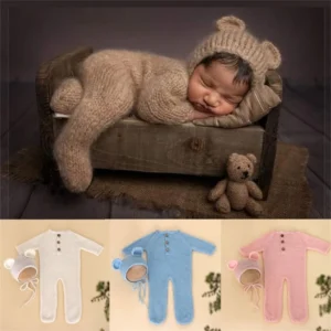 Baby Outfit Newborn Photography Props mohair Knitted Bear Rompers Footed Jumpsuit Hat 2pcs/Sets Photography Clothing Accessories
