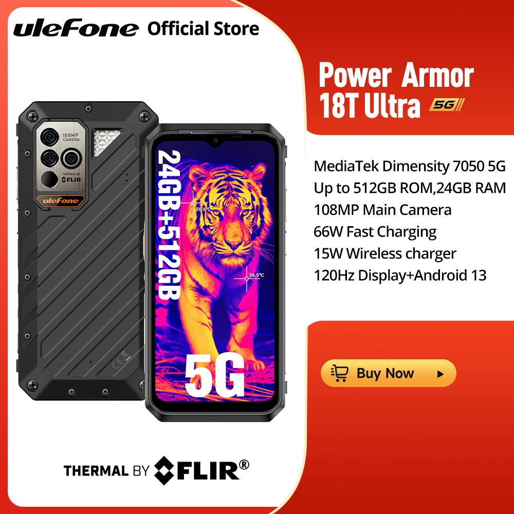 Ulefone Power Armor 18T Ultra 5G Rugged Smartphone,Dimensity 7050,512GB ROM +24GB RAM ,THERMAL BY FLIR®,Android 13,108MP