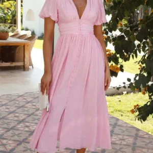 2025 New Women's Dress Short Puff Sleeves V-neck High Waist Elegant Party Buttons Pink A-line Fashion Skirt