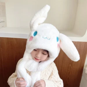 Sanrios Hat Ear Able To Move Cute Cinnamoroll Velvet Hat Scarf Girl Keep Warm Autumn Winter Gloves Three Piece Set Student Child