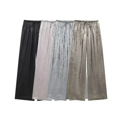 TRZA-Women's Metallic Straight Pants, High Elastic Waist with Drawstring, Female Trousers, Chic Fashion