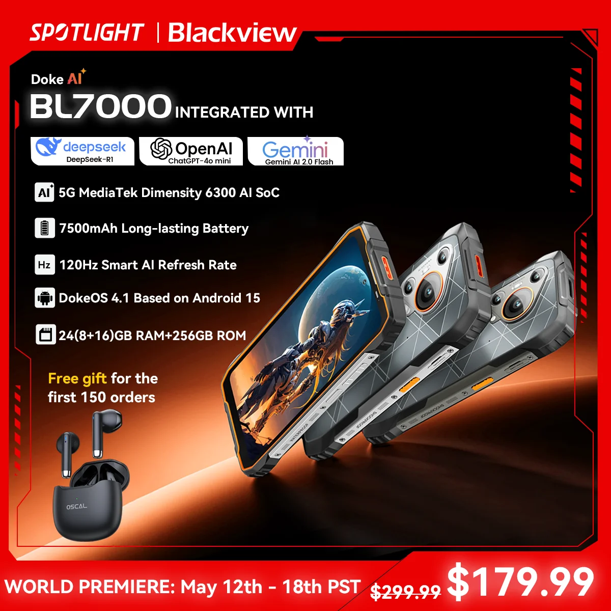 BLACKVIEW BL7000 5G AI Rugged Phone Deepseek GPT Android 15 Smartphone, 6.78" HD+2.4K Display 120Hz, 24(8+16)GB 256GB, 7500Amh