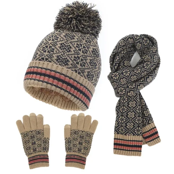 Autumn Winter New Jacquard Men Women Warmth Knitted Hat Gloves Scarf Three-piece Set Male Female Outdoor Fashion Cold Dome Hats