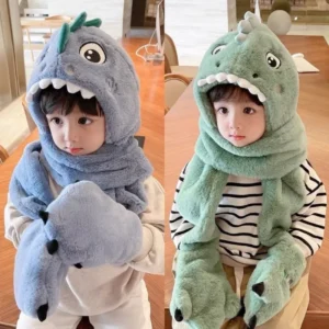 New Children's Cartoon Dinosaur Hat Winter Padded and Thickened Warm Plush Scarf Hat Gloves Scarf Warm Three-piece Set