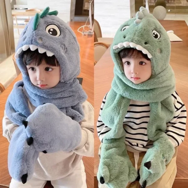 New Children's Cartoon Dinosaur Hat Winter Padded and Thickened Warm Plush Scarf Hat Gloves Scarf Warm Three-piece Set
