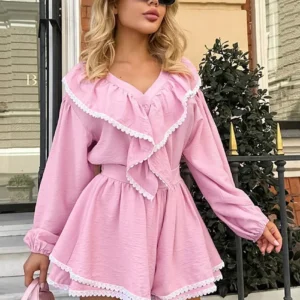 Lace lace high-grade ruffled lazy fashion set 2025 summer and autumn new pink two pieces