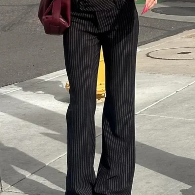 IAMSURE Casual Slim Striped Flare Pants Y2K Sexy Basic Low-Waisted Pants Women 2025 Spring Autumn Streetwear Elegant Fashion